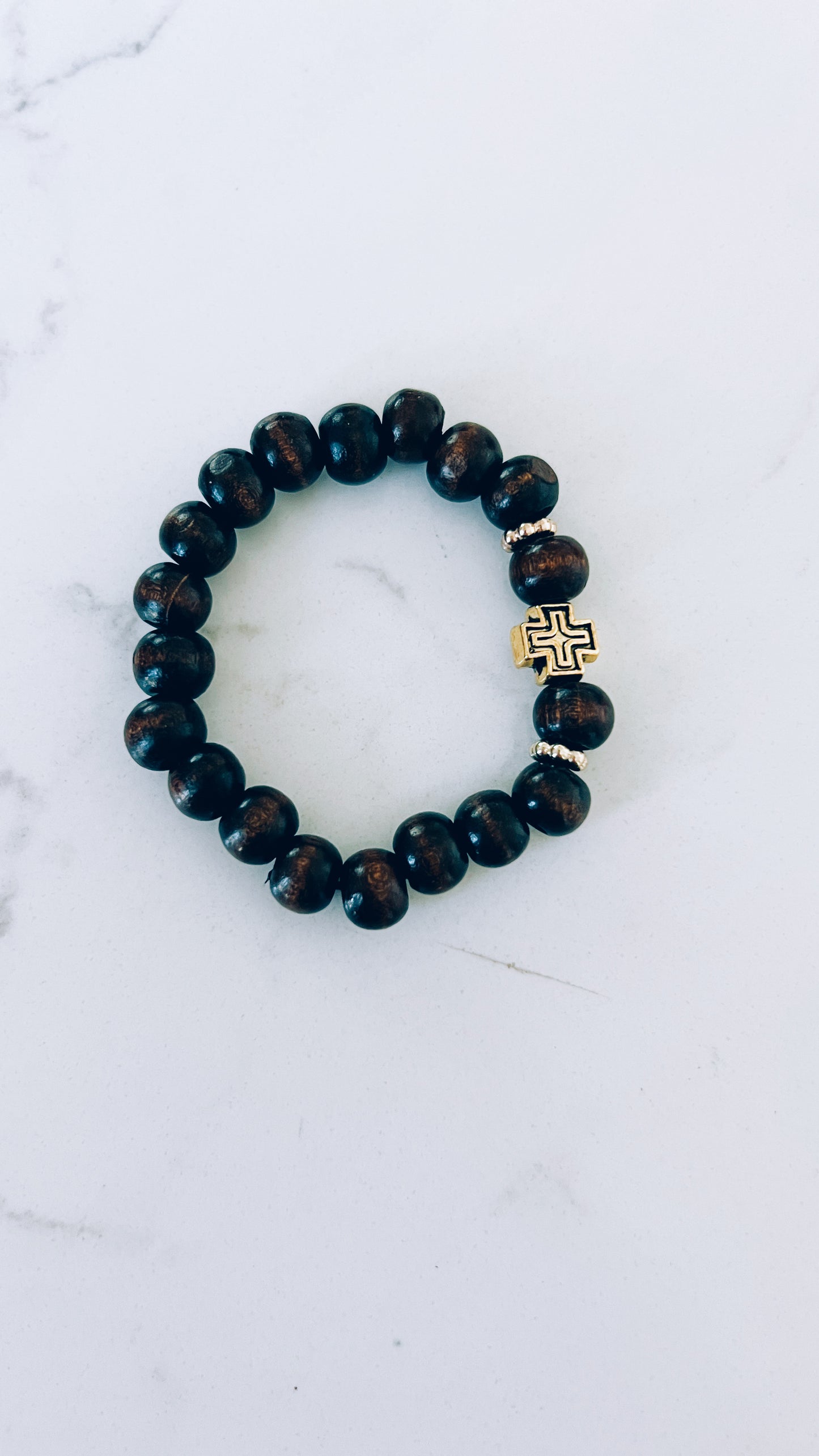 Dark Wooden Prayer Bracelet with Gold Cross