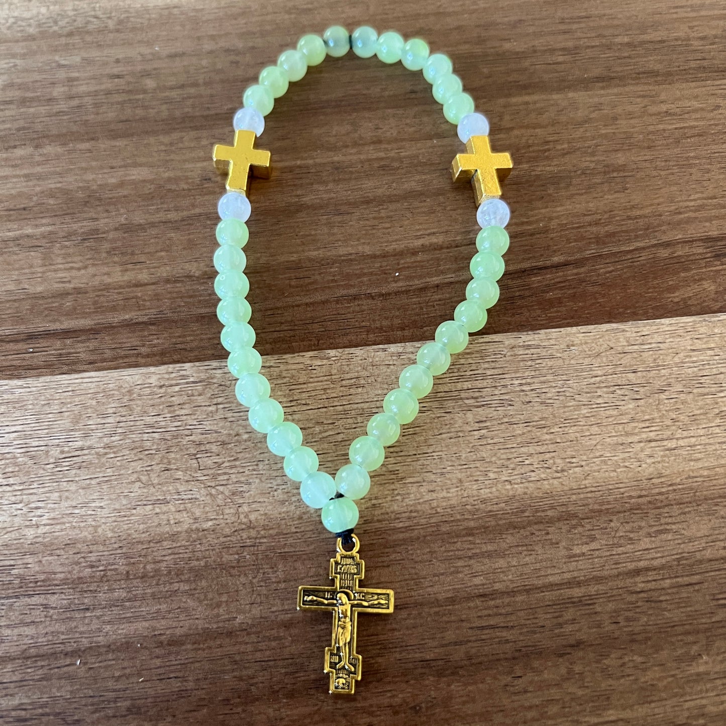 33 Mint Green Jade Bead Prayer Rope with White and Gold Spacers