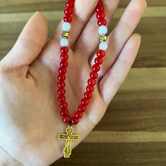 33 Red Jade Bead Prayer Rope with Gold and White Spacers