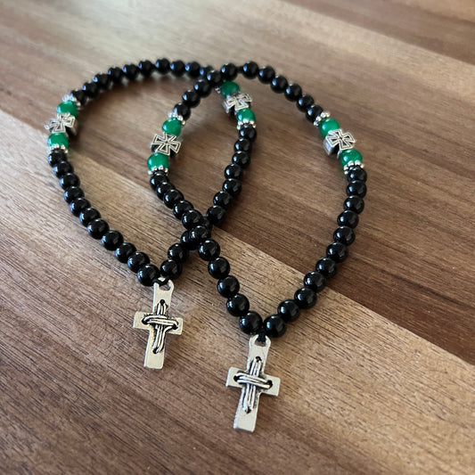33 Bead Black Prayer Rope with Green and Silver Spacers