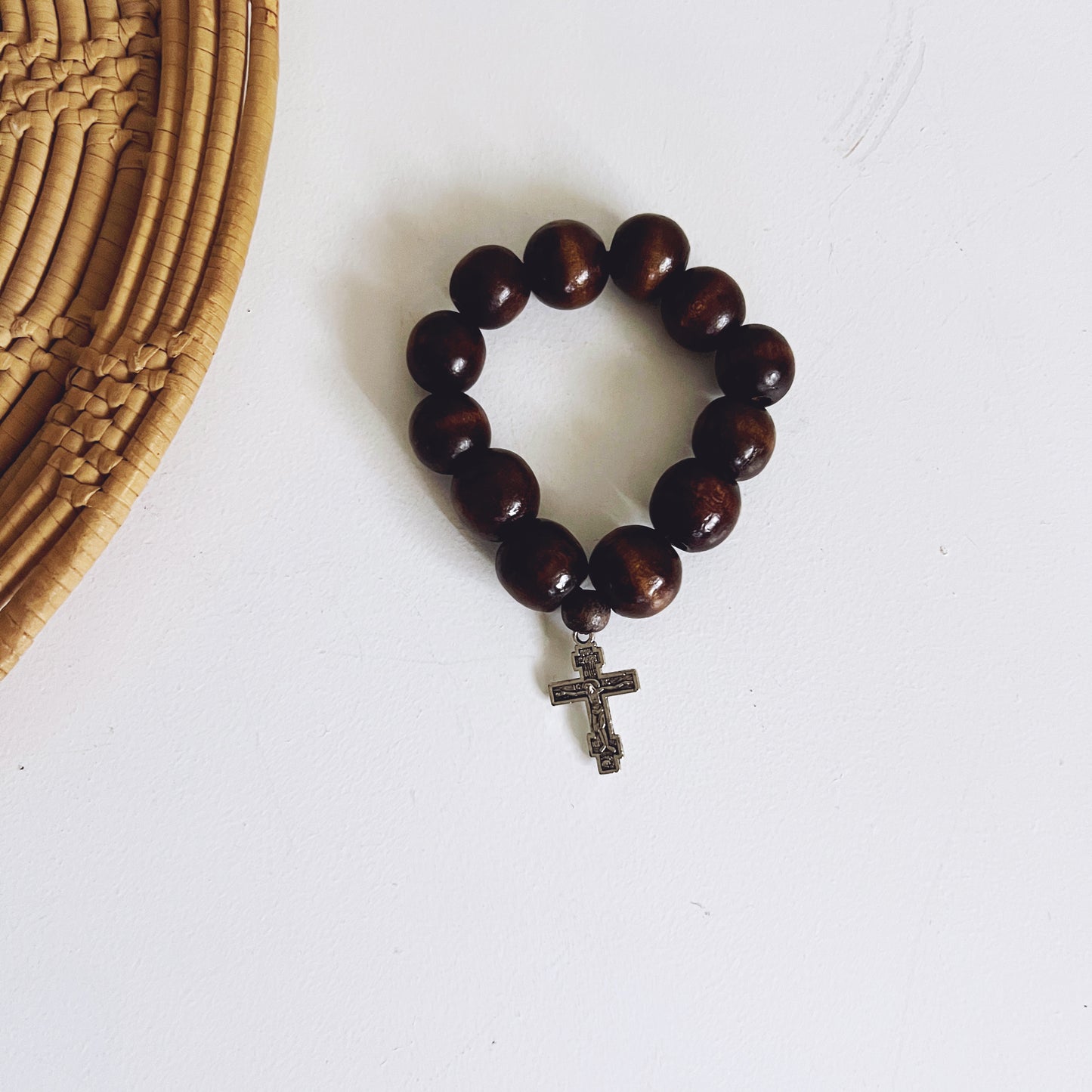 Dark Wooden 12 Bead Prayer Bracelet with Crucifix