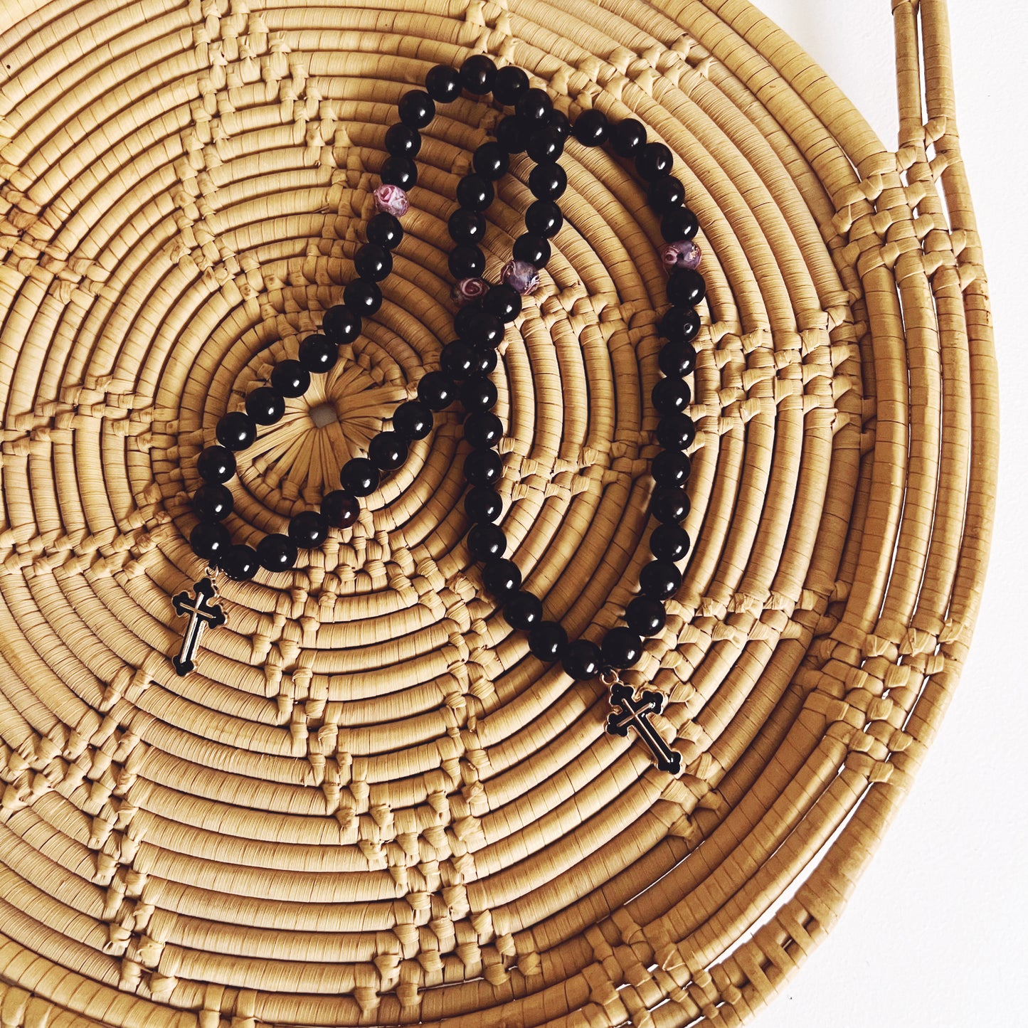 Ebony 33 Bead Prayer Bracelet with Lavendar Spacers and Black Enameled Cross