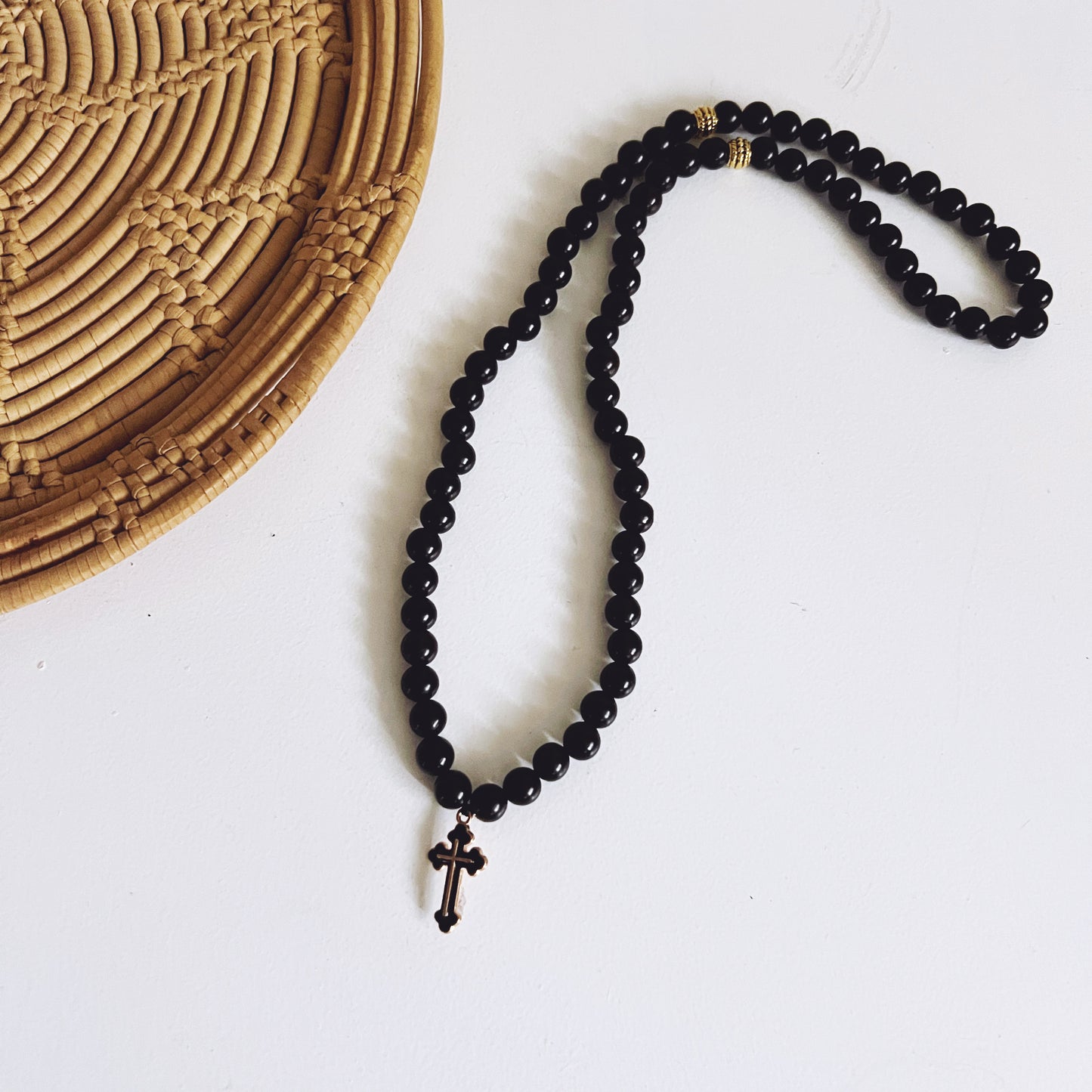 Ebony 75 Bead Prayer Bracelet with Gold Spacers and Black Enameled Cross