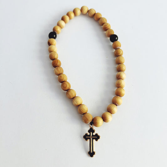 Sandalwood 33 Bead Prayer Bracelet with Black Enameled Cross
