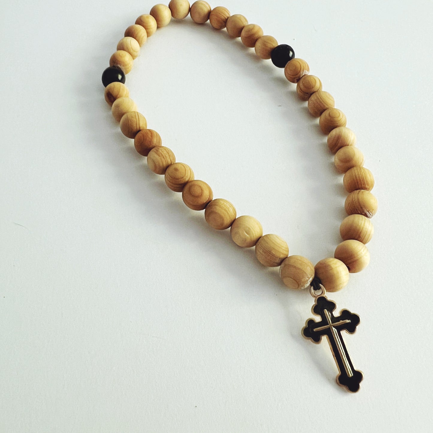 Sandalwood 33 Bead Prayer Bracelet with Black Enameled Cross