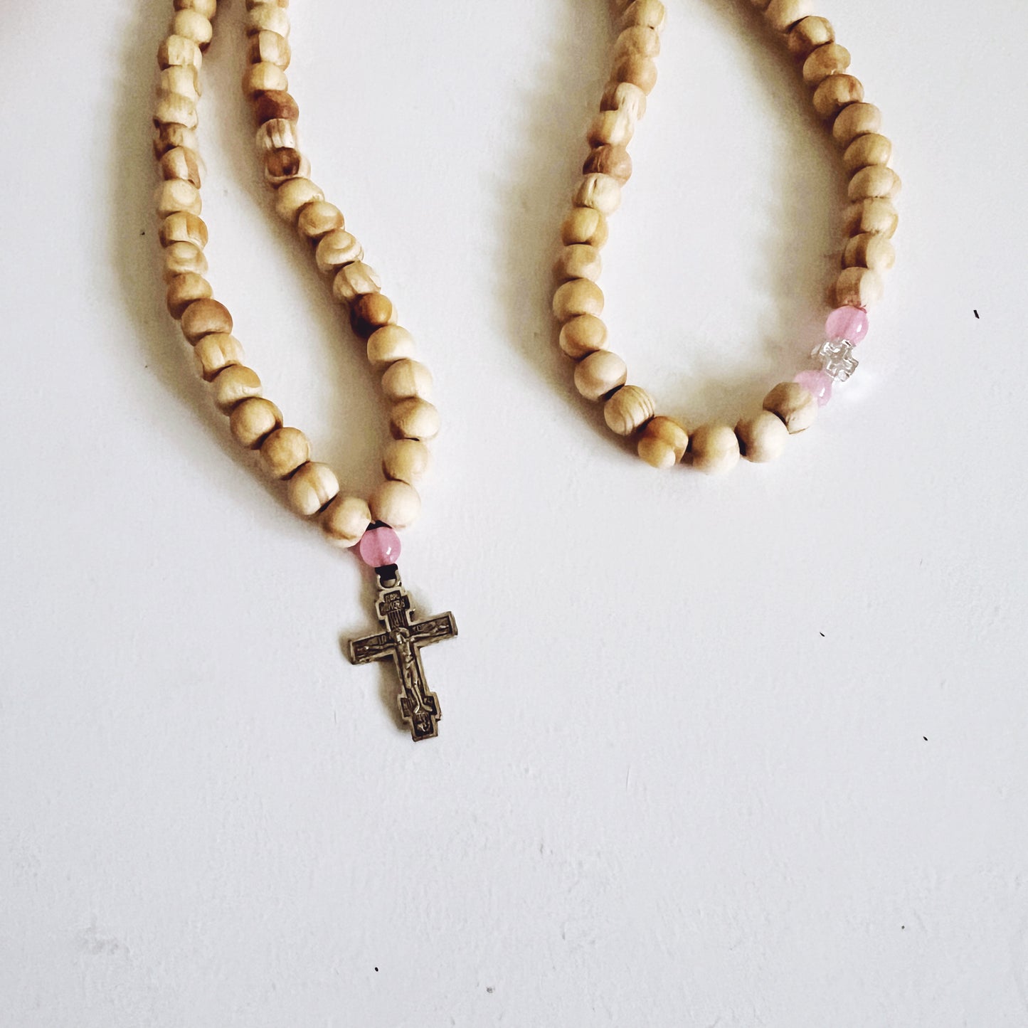 Wooden 100 Bead Prayer Bracelet with Pink Spacers and Silver Crucifix