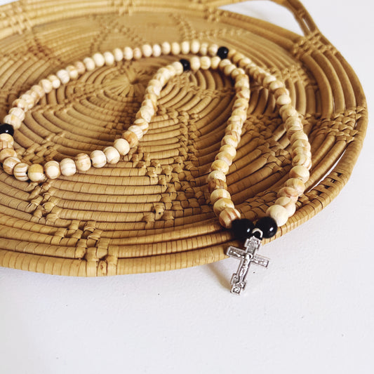 Wooden 100 Bead Prayer Bracelet with Wooden Spacers and Silver Crucifix