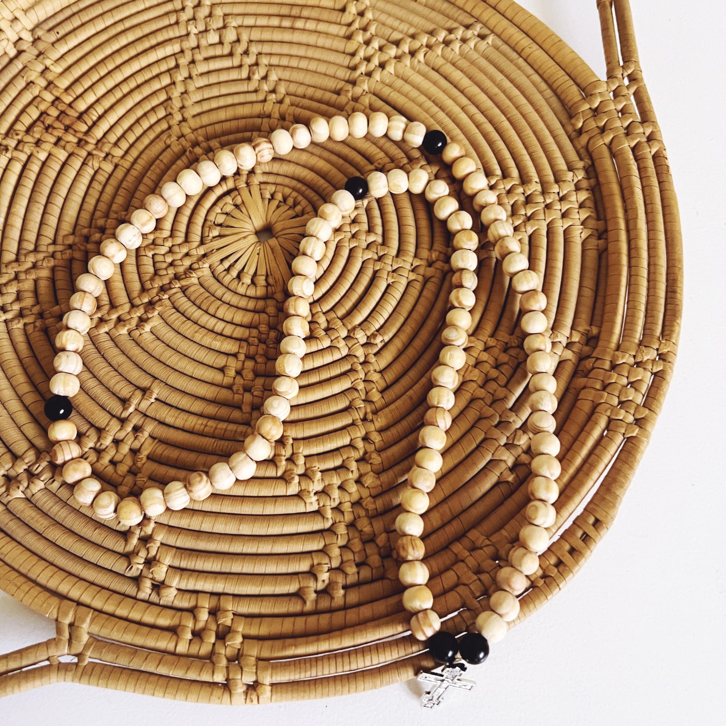 Wooden 100 Bead Prayer Bracelet with Wooden Spacers and Silver Crucifix