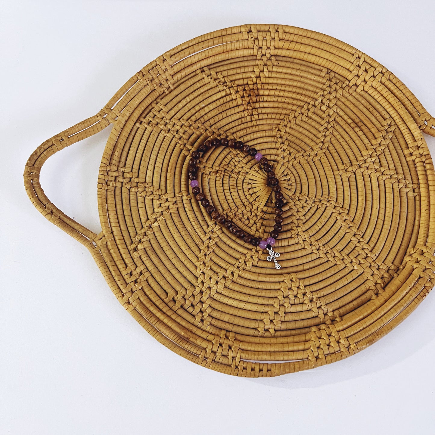 Bracelet de prière en bois de wengé, 33 perles et perles d'espacement lavande