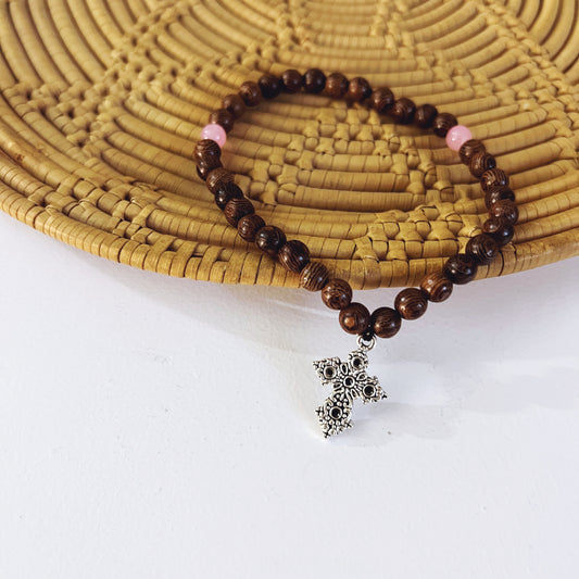 Wenge Wood 33 Bead Prayer Bracelet with Pink Spacer Beads