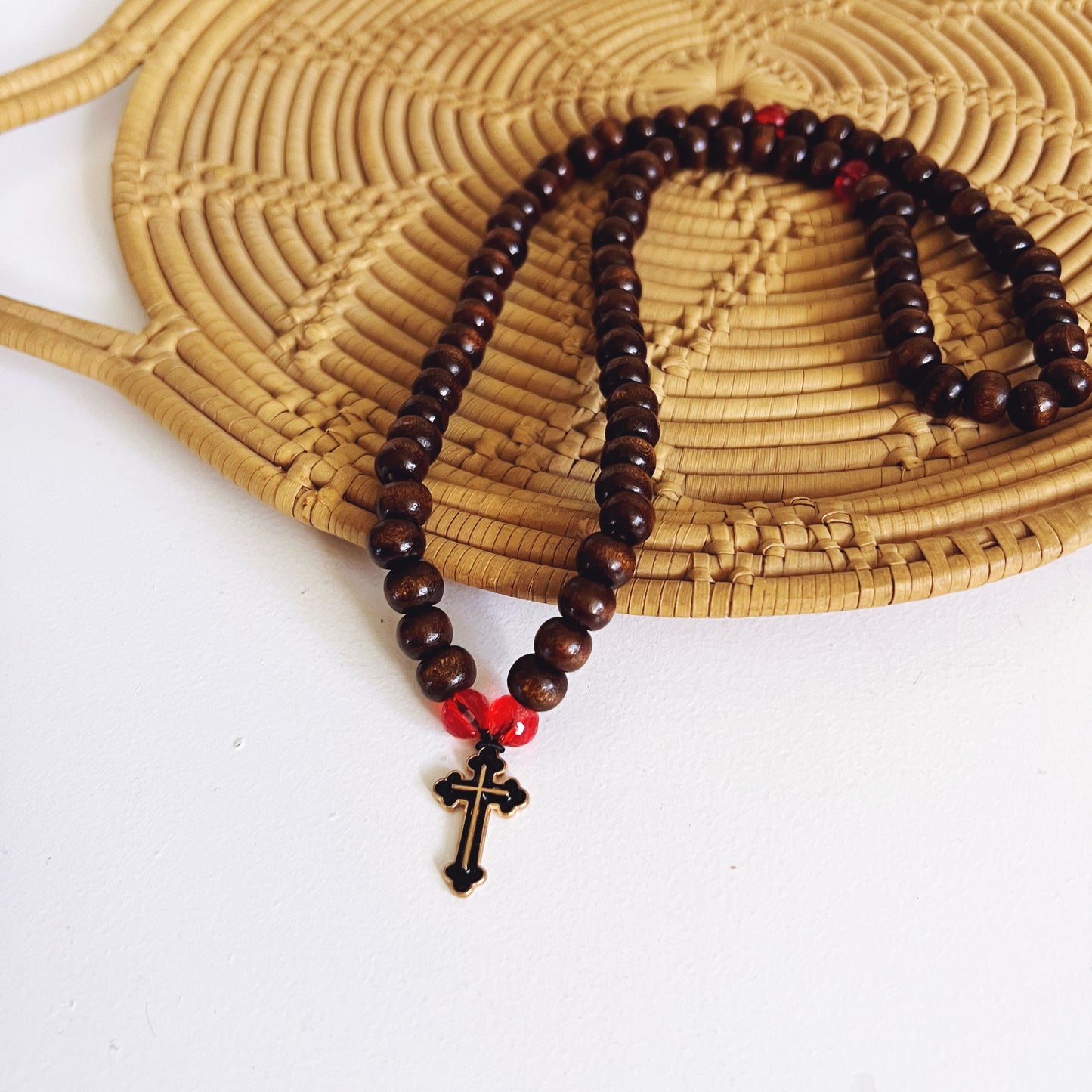 Dark Wooden 75 Bead Prayer Bracelet with Red Spacer Beads
