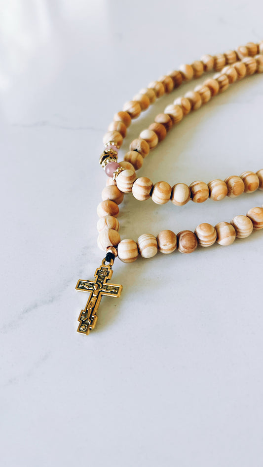 100 Knot Beige Beaded Prayer Rope with Pink and Gold Spacers