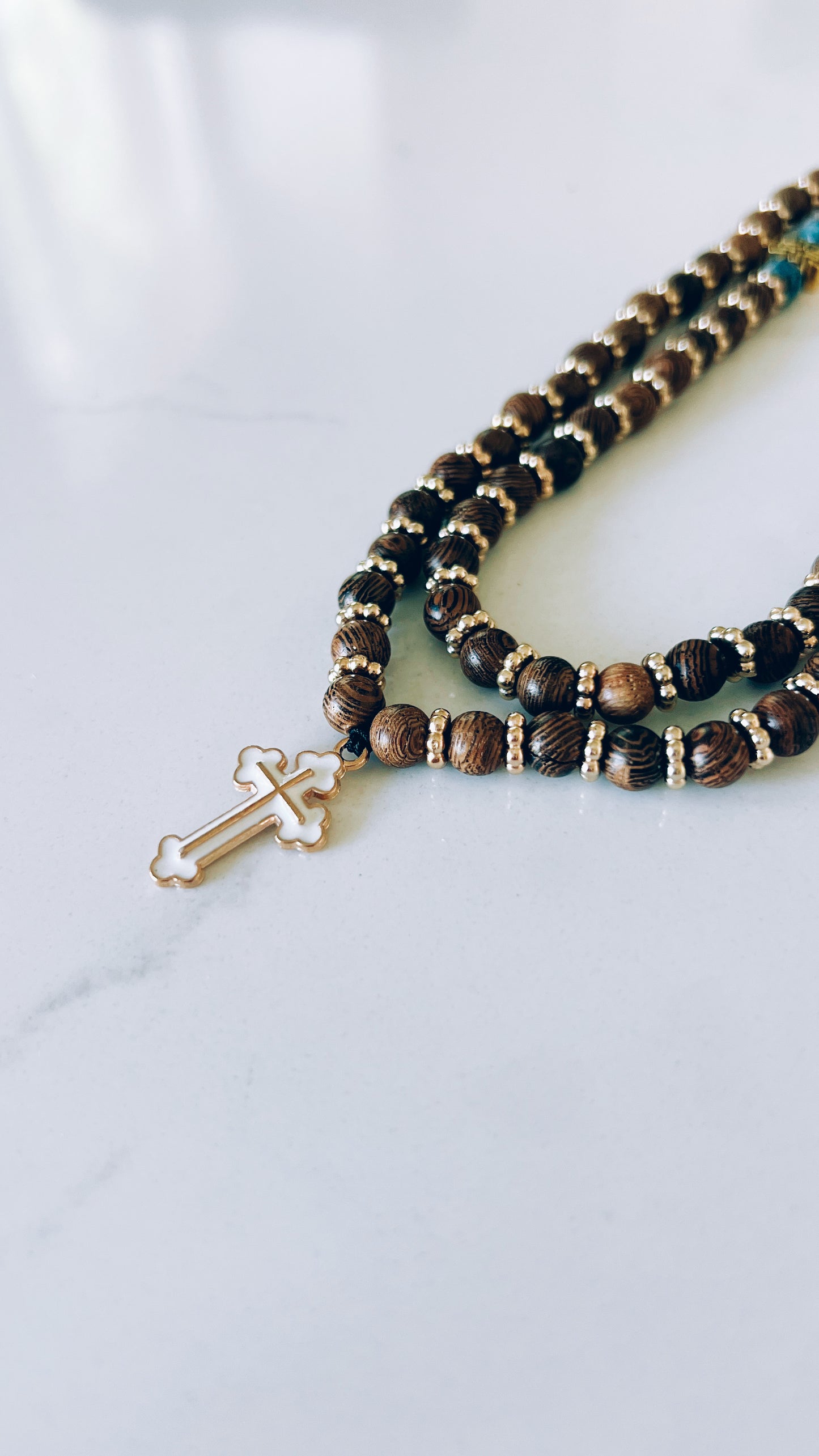 Wenge Wooden 75 Bead Prayer Bracelet with Blue and Gold Spacers