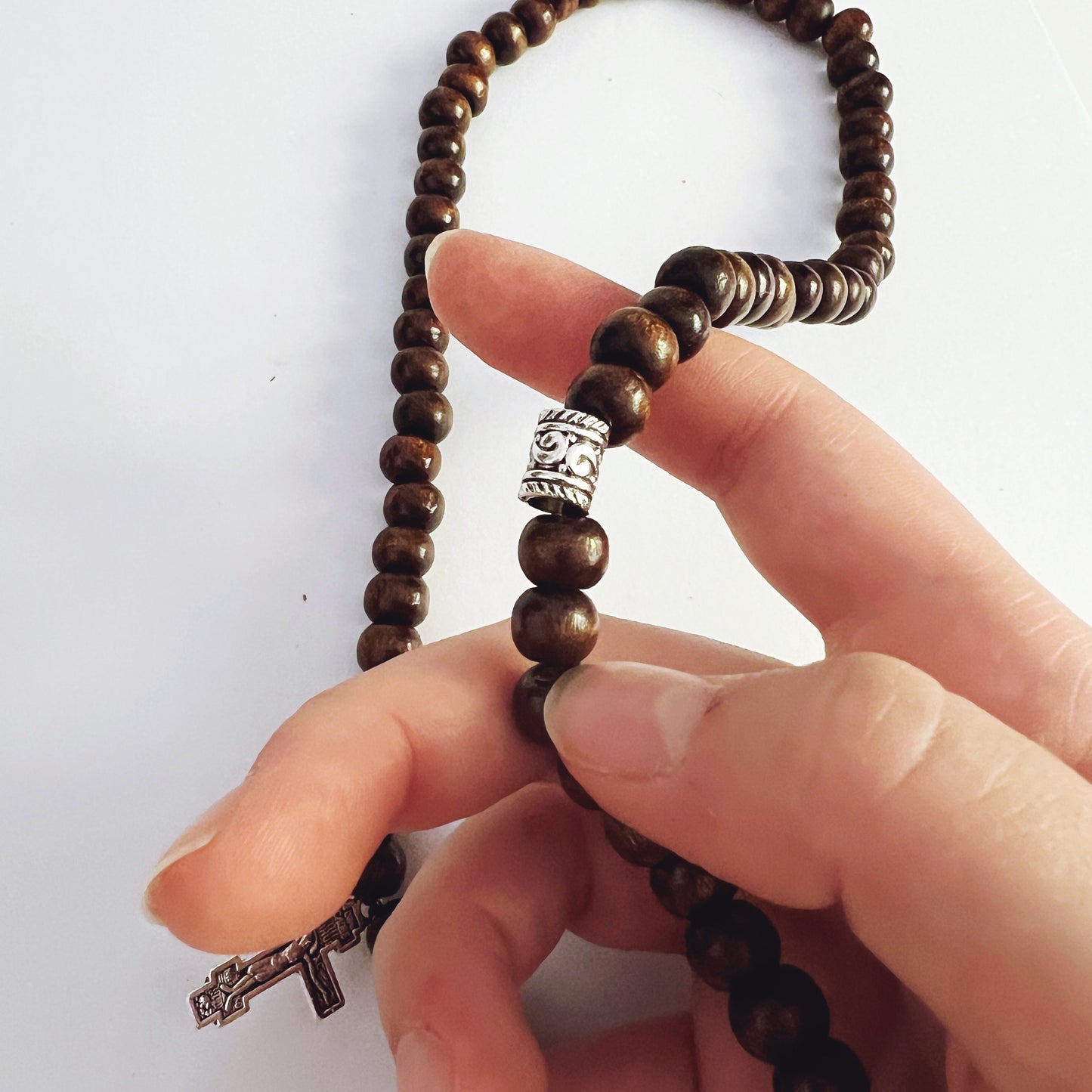 Dark Wooden 75 Bead Prayer Bracelet with Silver Spacer Beads