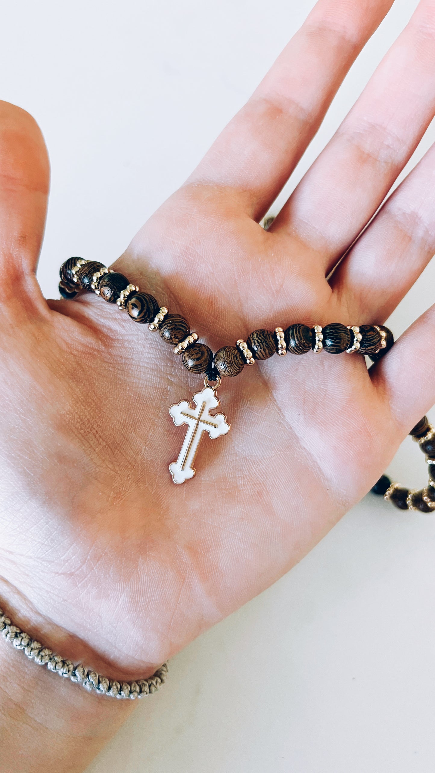 Wenge Wooden 75 Bead Prayer Bracelet with Blue and Gold Spacers