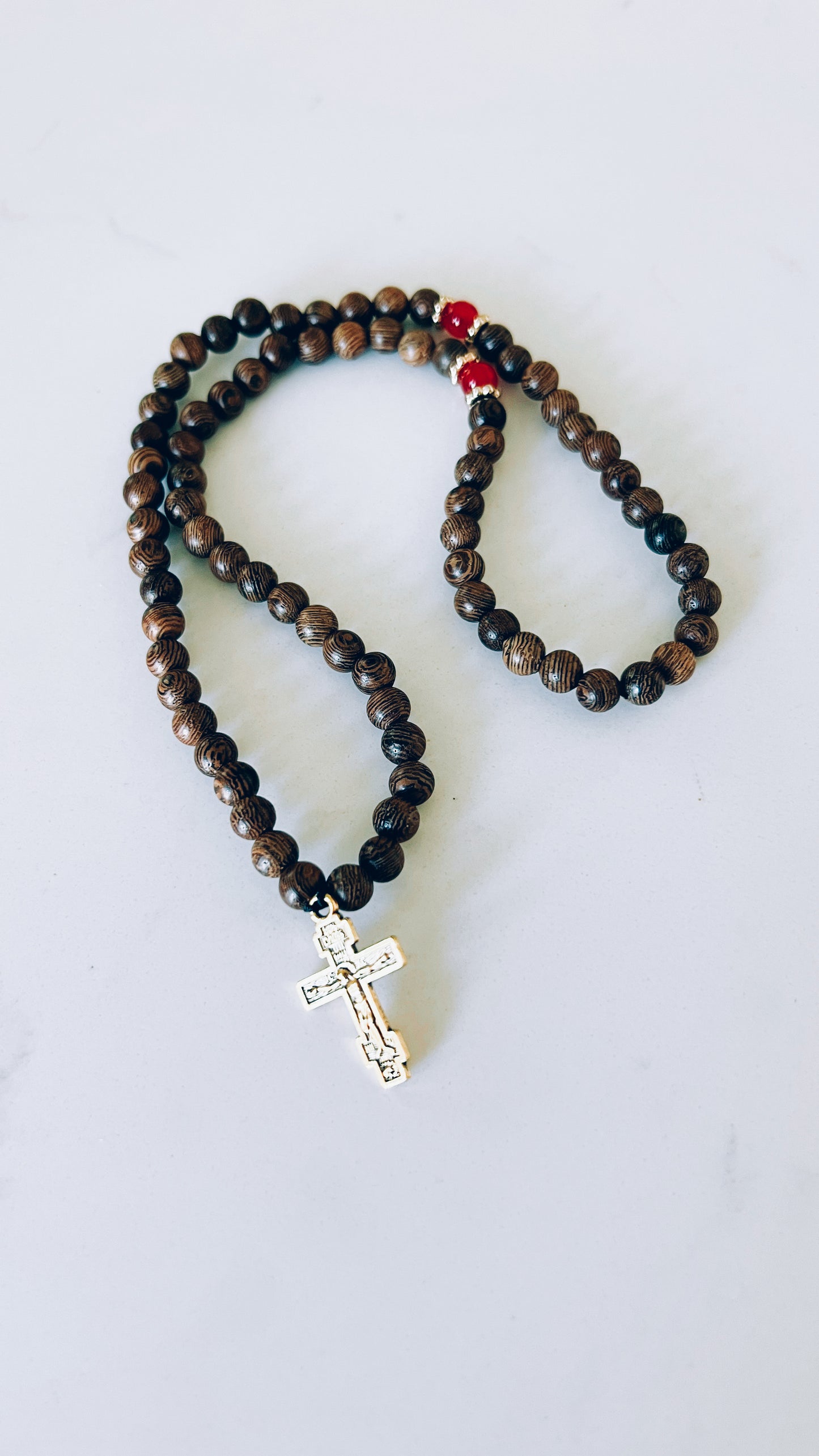 Wenge Wooden 75 Bead Prayer Bracelet with Red and Gold Spacers