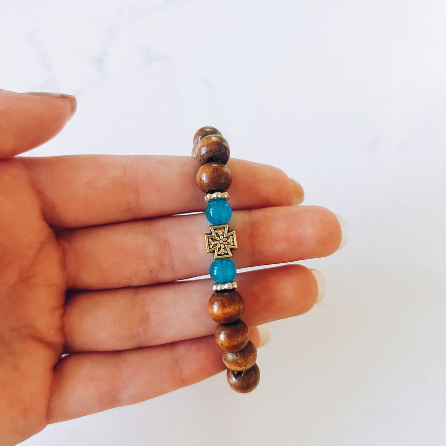 Reddish Brown Prayer Bracelet with Blue and Gold Spacers