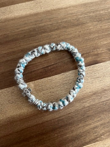 White and Blue Marbled Wool 33 Knot Prayer Bracelet