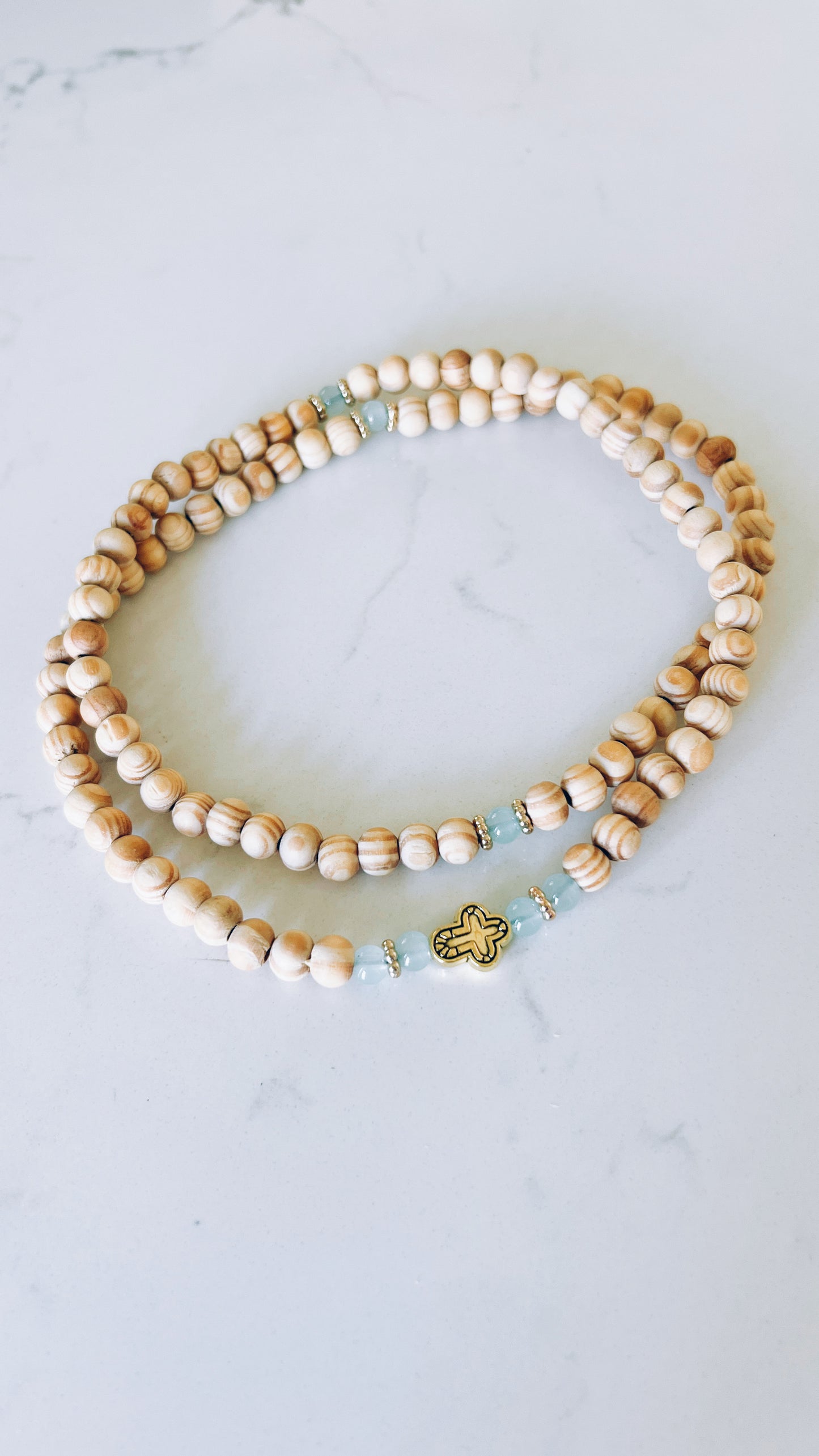 100 Bead INFINITY Beige Beaded Prayer Rope with Blue and Gold Spacers