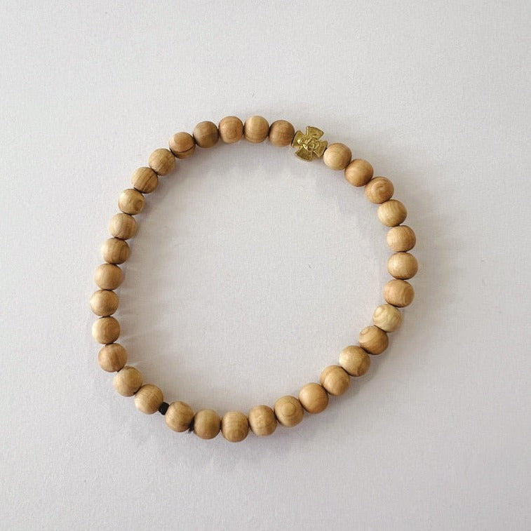 Sandalwood 33 Bead Prayer Bracelet with Golden Cross Spacer - Orthodox Prayer Rope