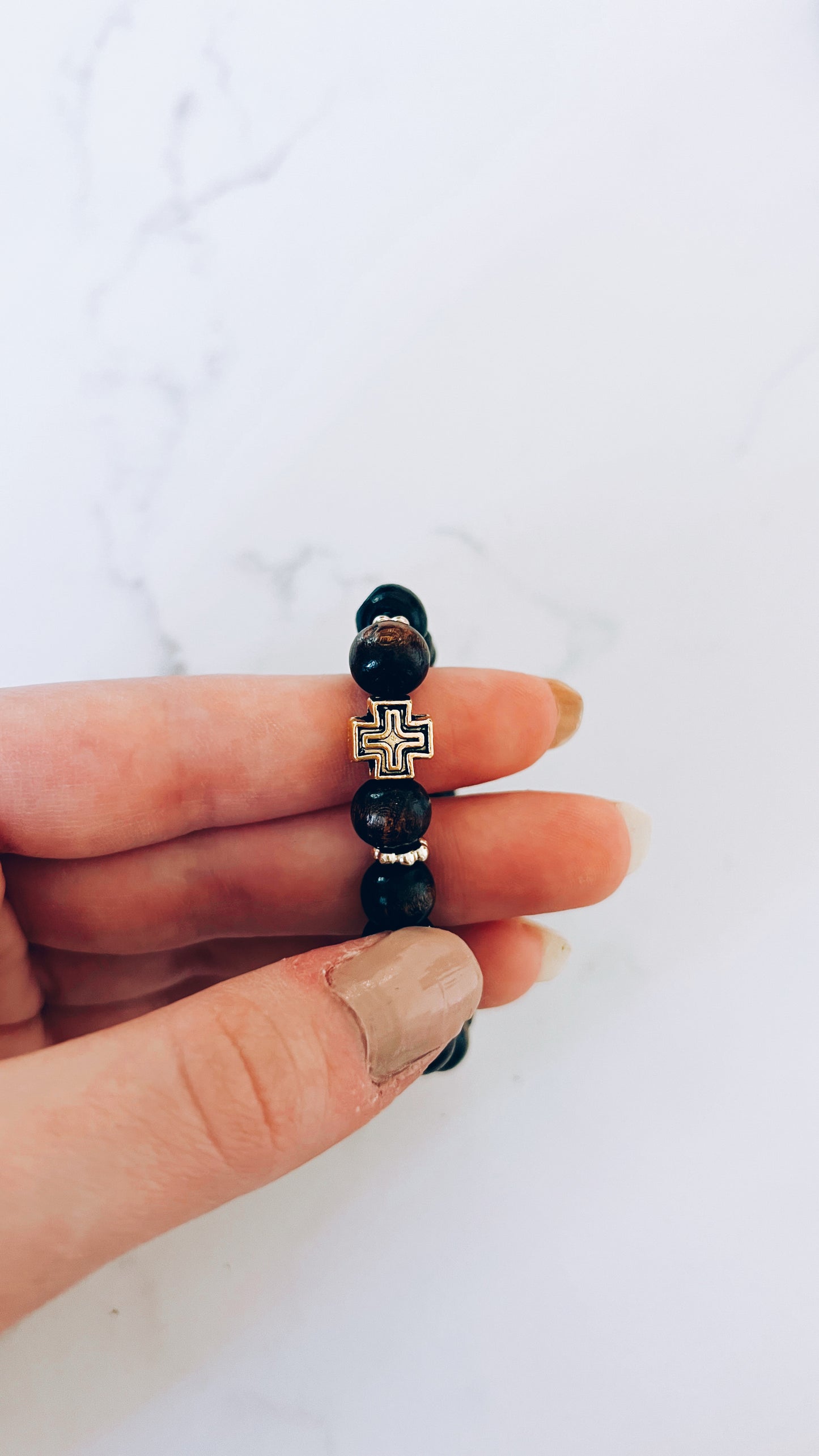 Dark Wooden Prayer Bracelet with Gold Cross