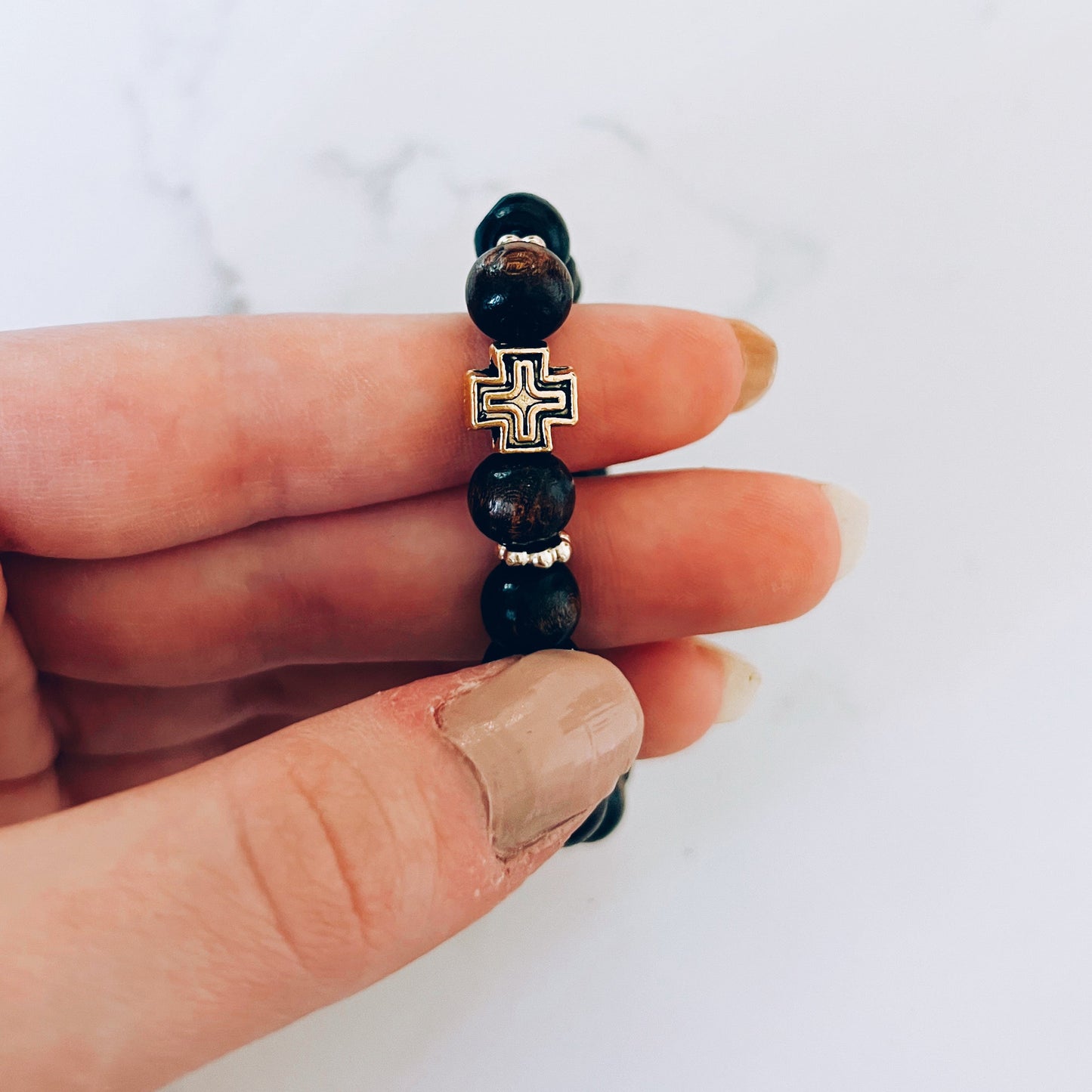 Dark Wooden Prayer Bracelet with Gold Cross - Handcrafted Orthodox Prayer Rope