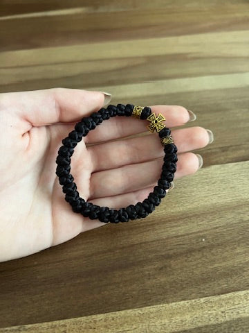 Black Satin Cord 33 Knot Prayer Bracelet with Gold Beads