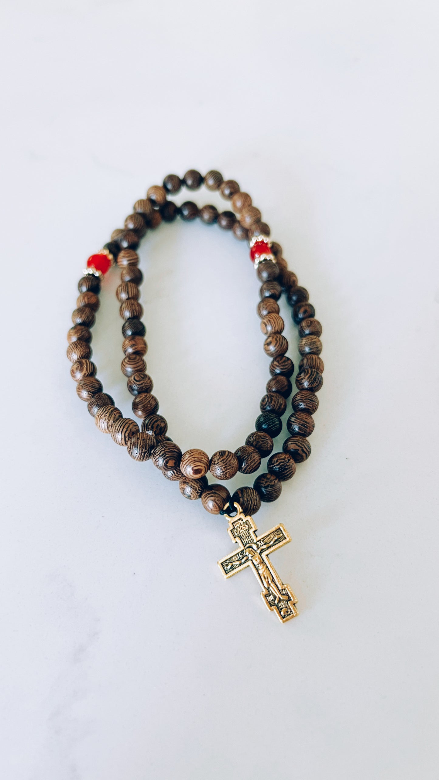 Wenge Wooden 75 Bead Prayer Bracelet with Red and Gold Spacers