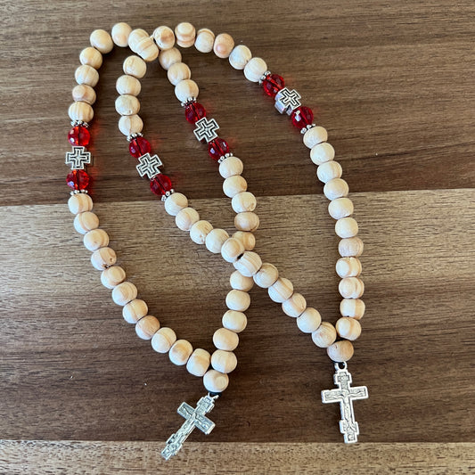 33 Bead Light Beige Prayer Rope with Red and Silver Spacers
