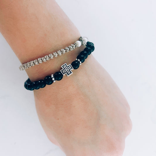 Pulsera de oración de 33 cuentas de madera de wengué con cuentas espaciadoras de lavanda