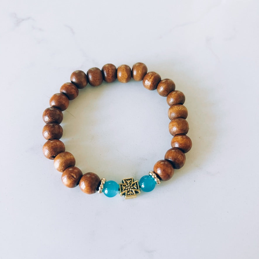 Reddish Brown Prayer Bracelet with Blue and Gold Spacers