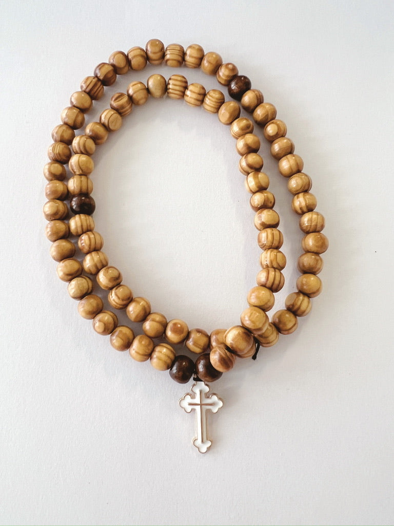 Wooden 75 Bead Prayer Bracelet with White Enameled Cross