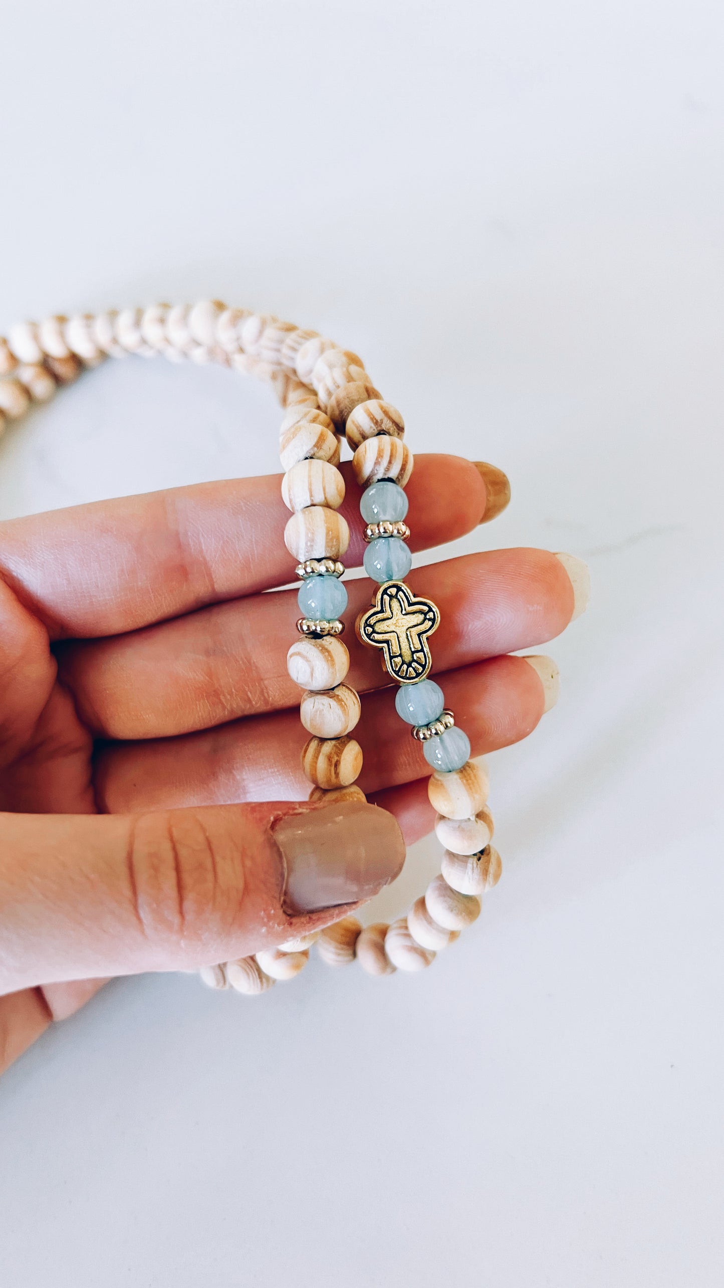 100 Bead INFINITY Beige Beaded Prayer Rope with Blue and Gold Spacers