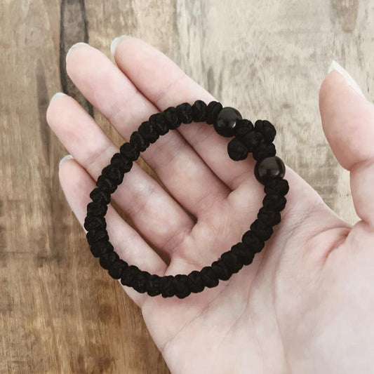 Black Satin Cord 33 Knot with Brown Beads