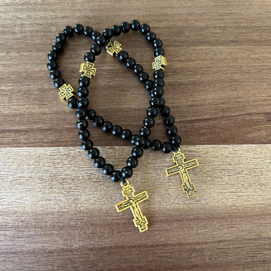 33 Wooden Bead Black Prayer Rope with Gold Spacers