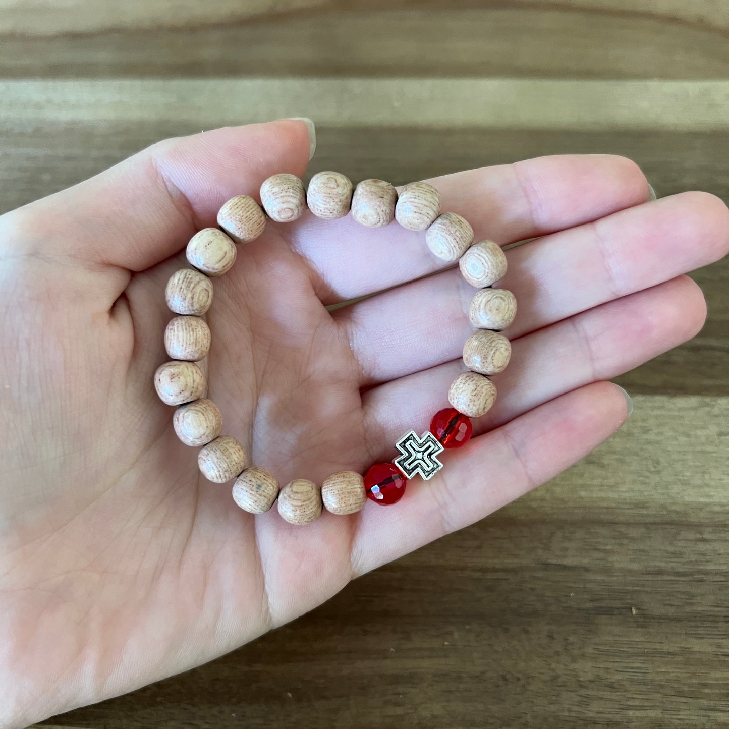 Reddish Beige Beaded Bracelet with Red and Silver Spacers