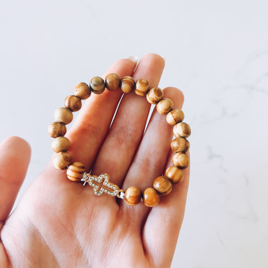 Pulsera de oración de 33 cuentas de madera de wengué con cuentas espaciadoras de lavanda