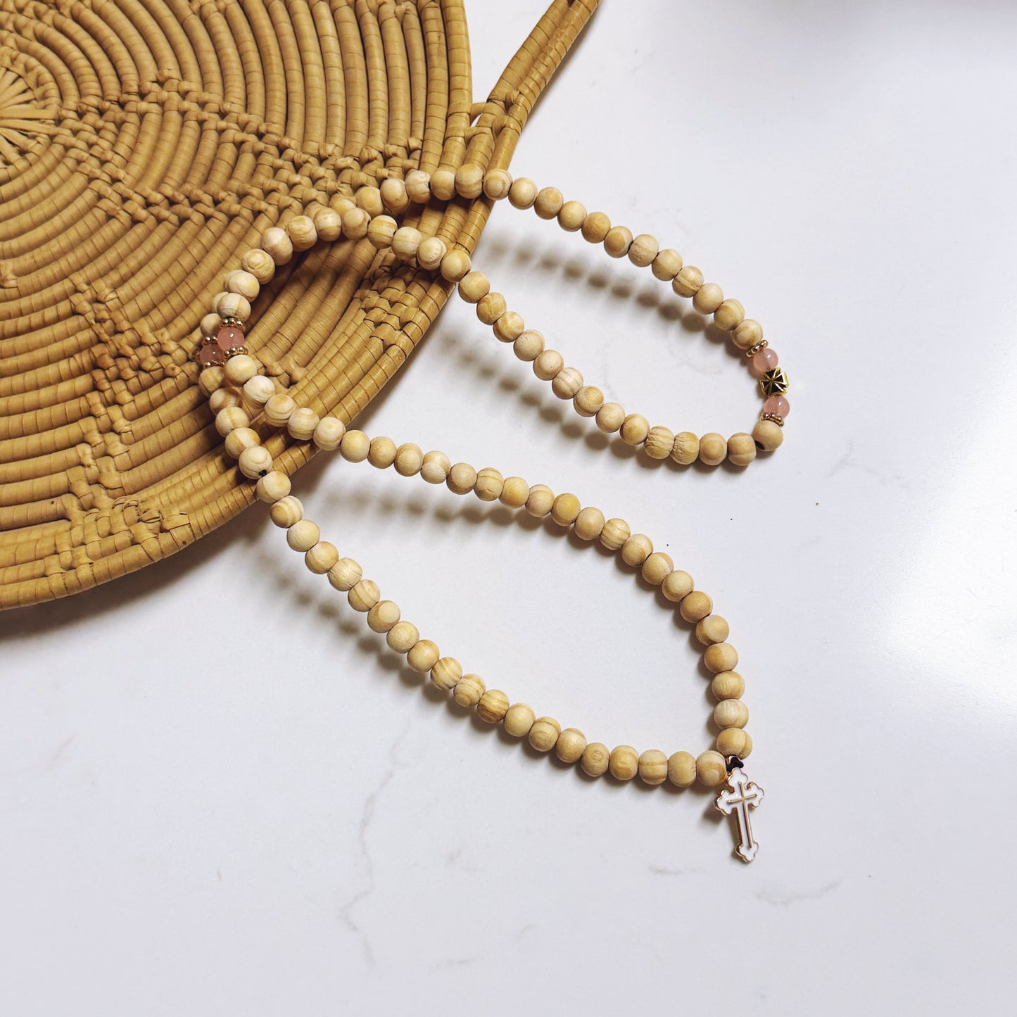 100 Bead Beige Beaded Prayer Rope with Pink and Gold Spacers