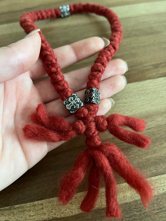 Red Roving Wool 50 Knot Prayer Rope with Silver Spacers