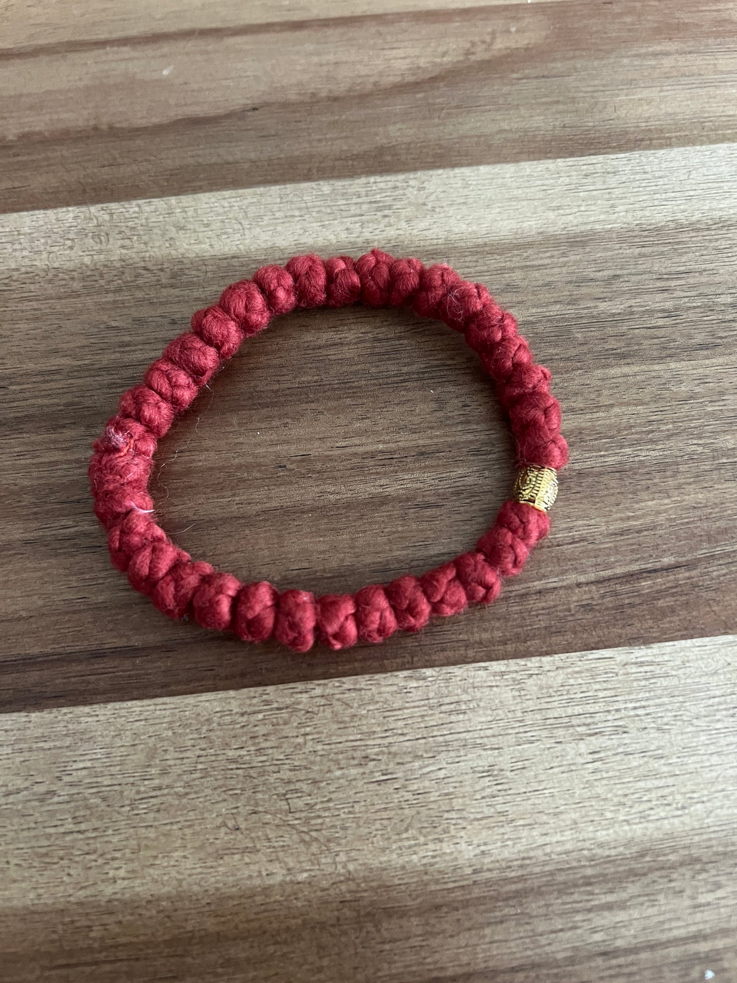 Red Roving Wool 33 Knot Prayer Bracelet with Gold Spacers