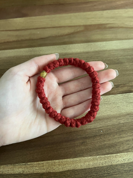 Red Roving Wool 33 Knot Prayer Bracelet with Gold Spacers