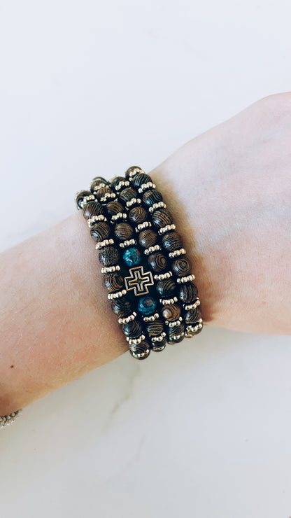 Wenge Wooden 75 Bead Prayer Bracelet with Blue and Gold Spacers