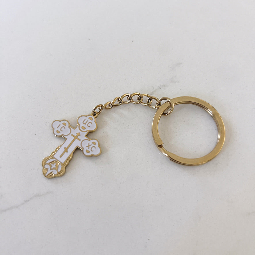 White and Gold Orthodox Cross Keychain – Faith Gift for Men & Women