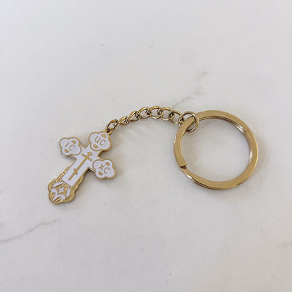 White and Gold Orthodox Cross Keychain – Faith Gift for Men & Women