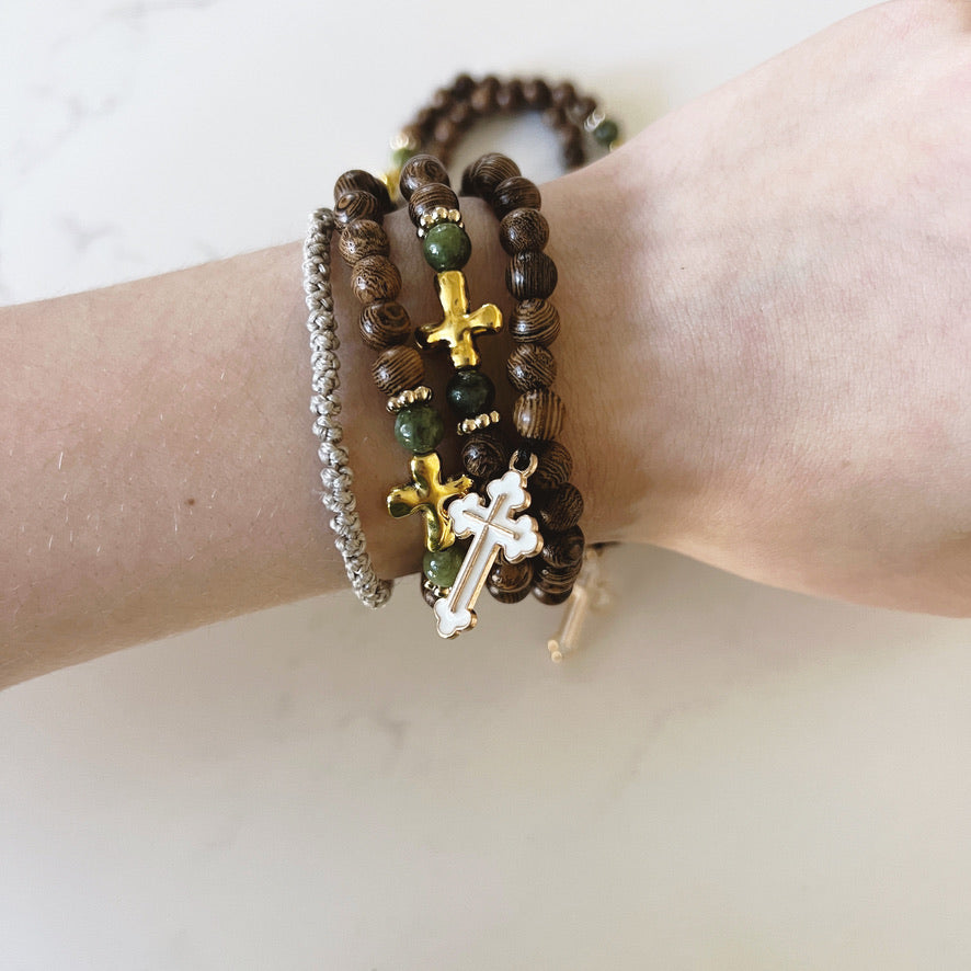 Bracelet de prière en ébène à 75 perles avec entretoises en or et croix émaillée noire