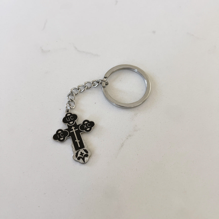 Black and Silver Orthodox Cross Keychain – Faith Gift for Men & Women