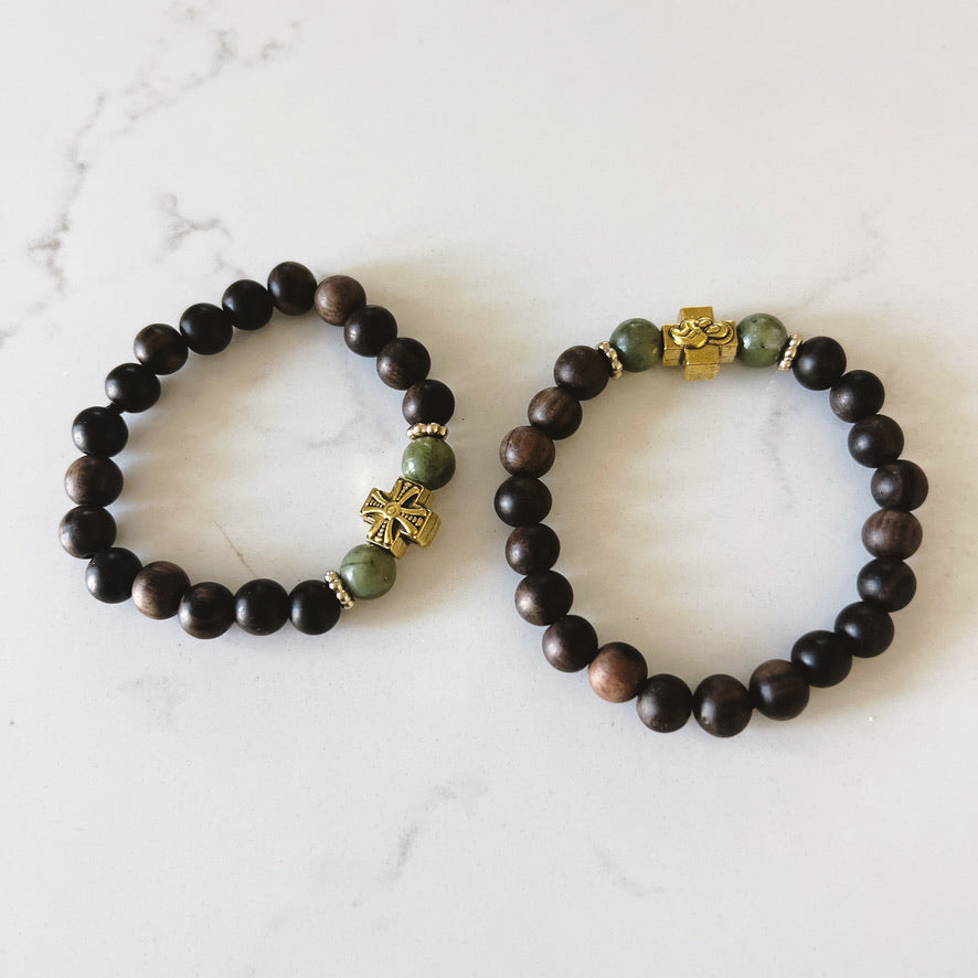 Pulsera de oración de 33 cuentas de madera de wengué con cuentas espaciadoras de lavanda