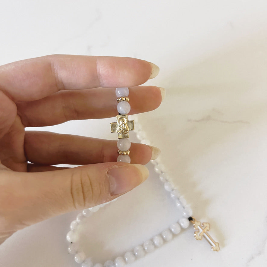 Orthodox 50 Bead White Stone Prayer Bracelet with Gold Spacers & White Enamel Cross