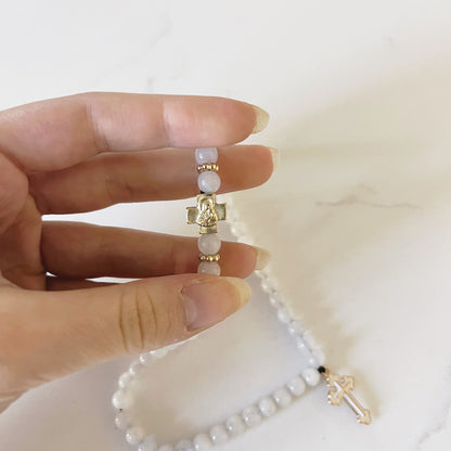 Orthodox 50 Bead White Stone Prayer Bracelet with Gold Spacers & White Enamel Cross