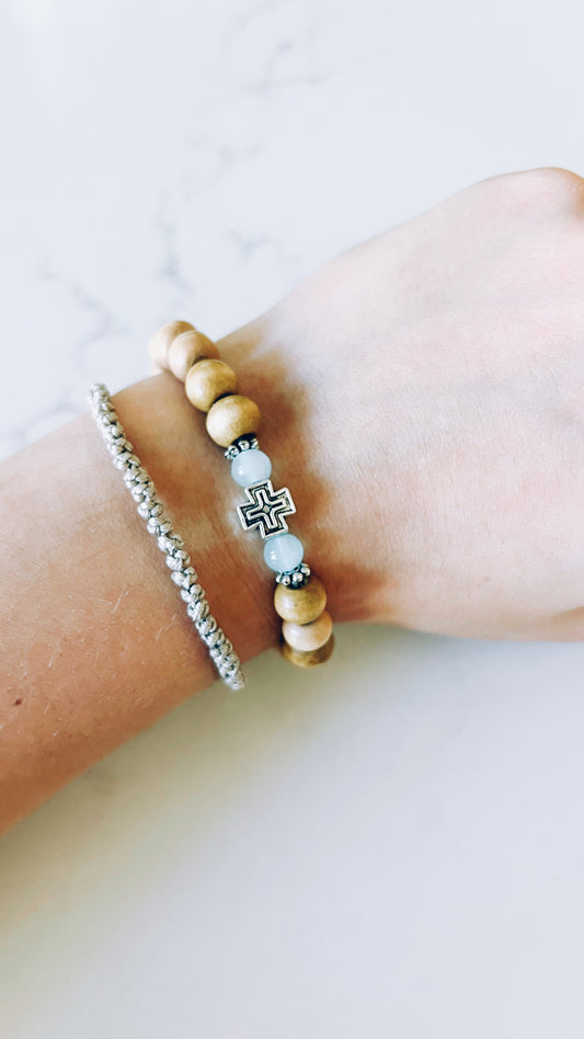 Light Wooden Prayer Bracelet with Silver and Blue Spacers